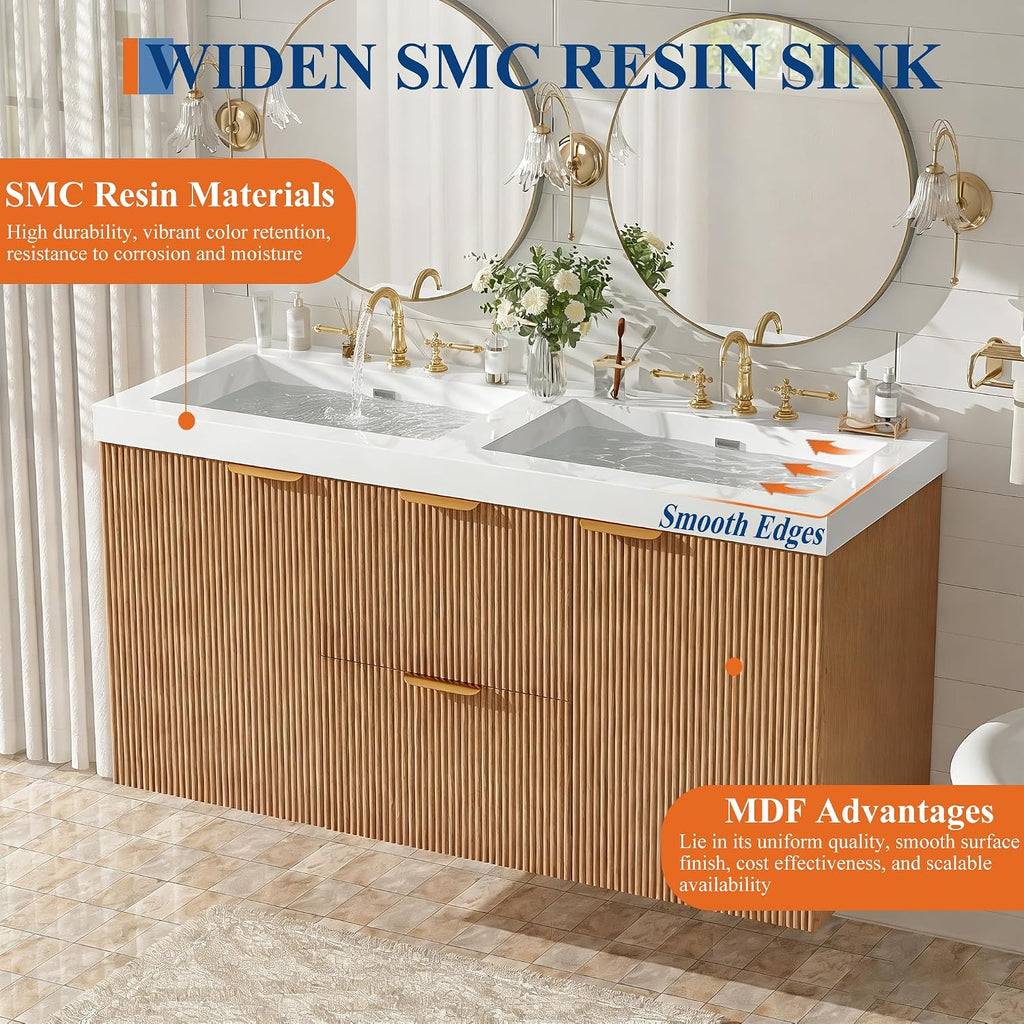 48 inch Bathroom Vanity with Sink Combo, Floating Double Sink Bathroom Vanities with SMC Resin Top, MDF Cabinet, Wall-Mounted Vanities for Large Bathrooms (48''-Wood)