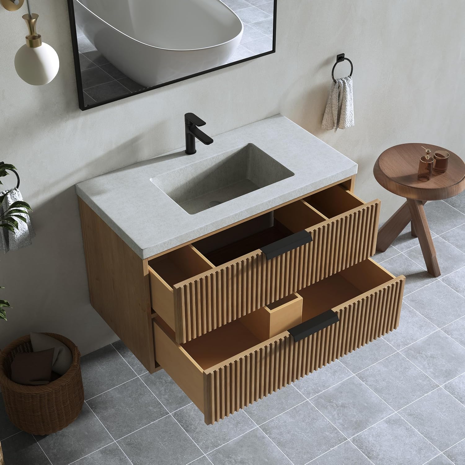 36' Single Bathroom Vanity with Cement Sink, Undermount Sink Cabinet, 2 Soft Clossing Drawers, Floating Storage Cabinet with White Sink, Natural Brown