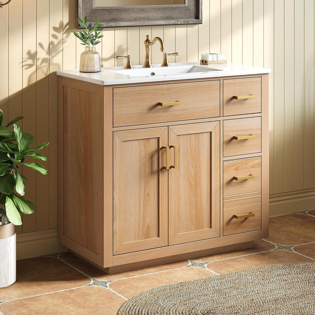 36-inch Bathroom Vanity with Sink Combo, Free-Standing Single Storage Cabinet with 2 Soft-Close Doors & 4 Drawers, Modern Natural Wood Grain Vanity with Ceramic Basin for Bathroom (Wood)