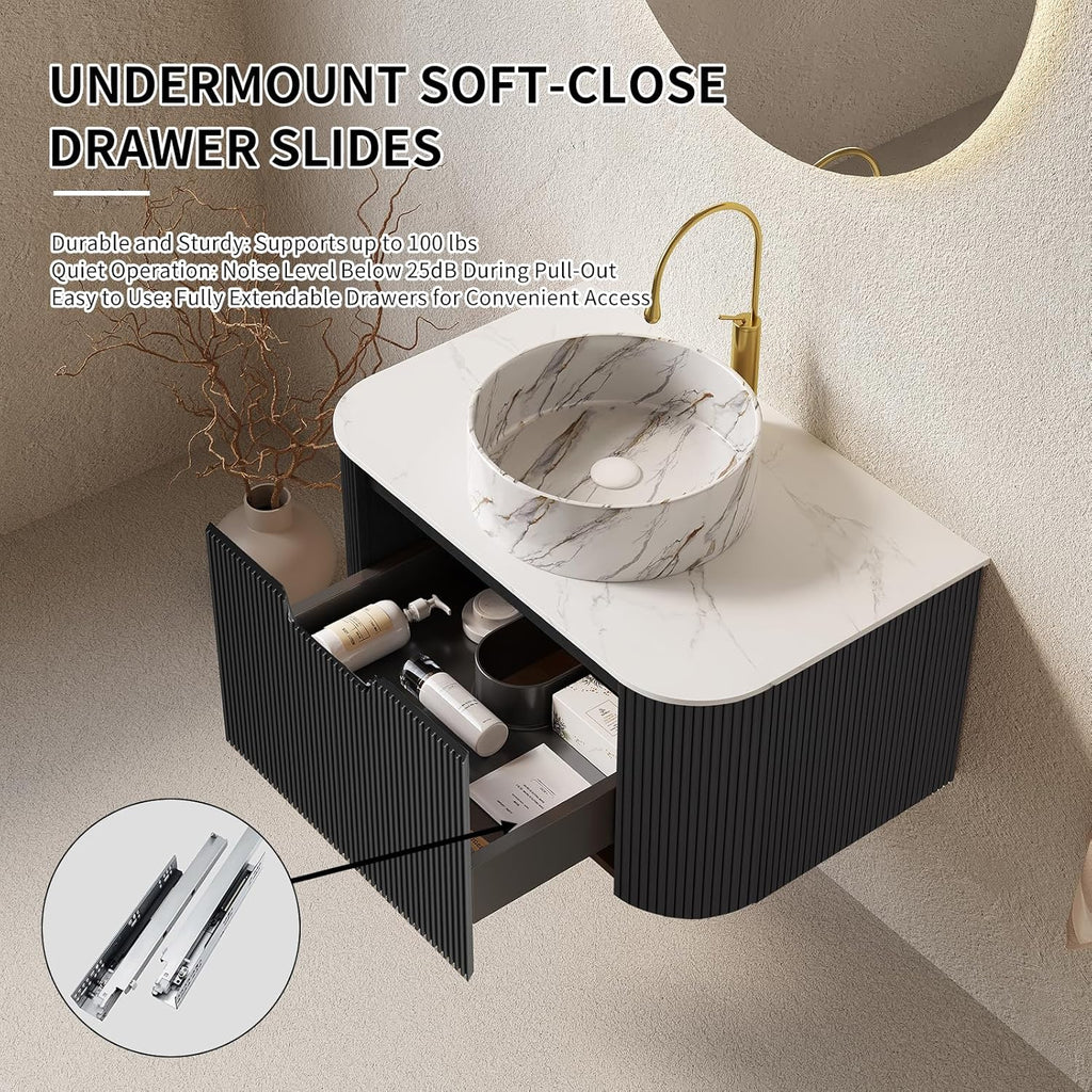 Yayzy 24' Floating Bathroom Vanity with Sink, Solid Wood Fluted Cabinet, White Marble-Patterned Ceramic Basin & Faux Marble Top, Soft-Close Drawer, Pre-Assembled, Gloss Black