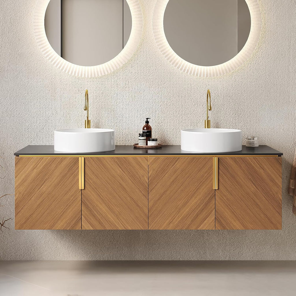 LKTART 60 Inch Bathroom Vanity Double Sink, Double Sink Bathroom Vanity with White Round Ceramic Basins, 4 Doors Modern Wall Mounted Bathroom Storage Cabinet, Black Sintered Stone Countertop, Brown
