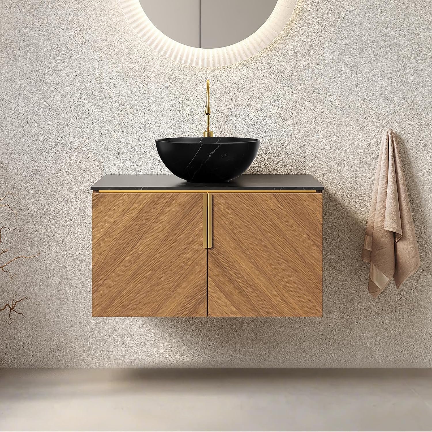 LKTART 30 Inch Bathroom Vanity with Sink, Modern Wall Mounted Bathroom Sink with 2 Doors, Black Sintered Stone Countertop and Gray-Black Bowl Ceramic Basin, Brown