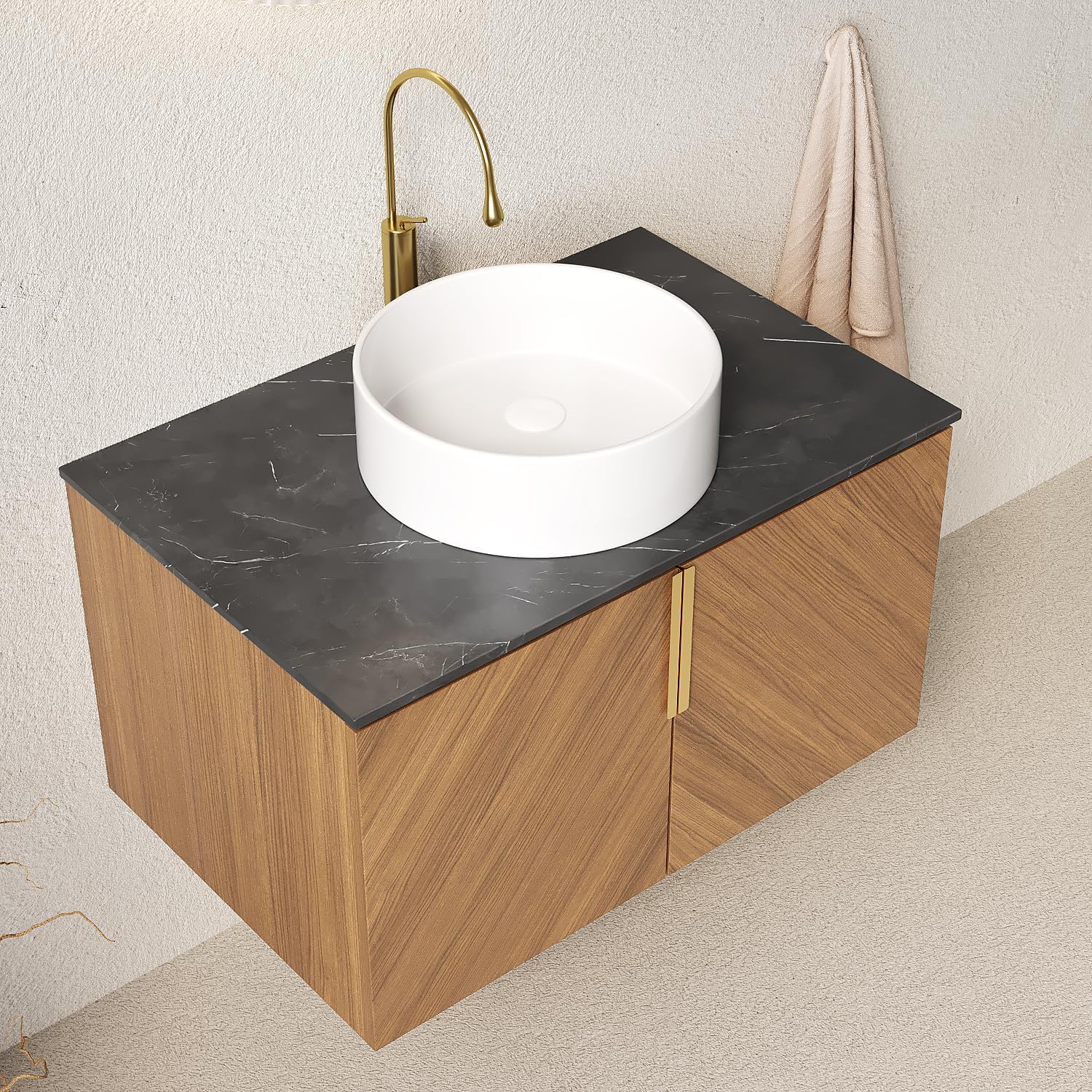 LKTART Floating Vanity Bathroom 30 inch, Modern Wall Mounted Bathroom Storage Cabinet with 2 Doors, Black Sintered Stone Countertop and White Round Ceramic Basin, Brown