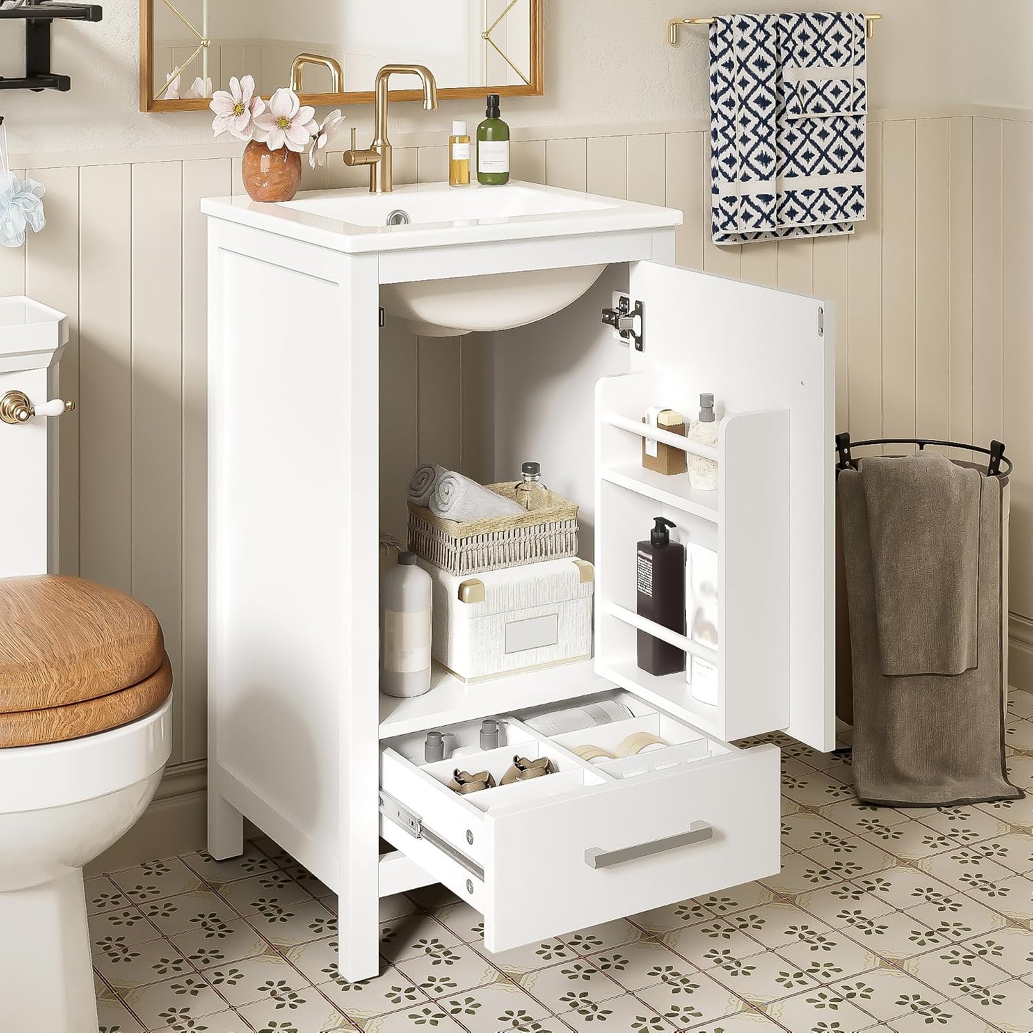 VilroCaz Modern 18'' Bathroom Vanity with Top Sink, Freestanding Bathroom Storage Cabinet with Door and Divider Drawer, Single Sink Cabinet with Adjustable Plastic Foot Pads (White+1 Drawer)