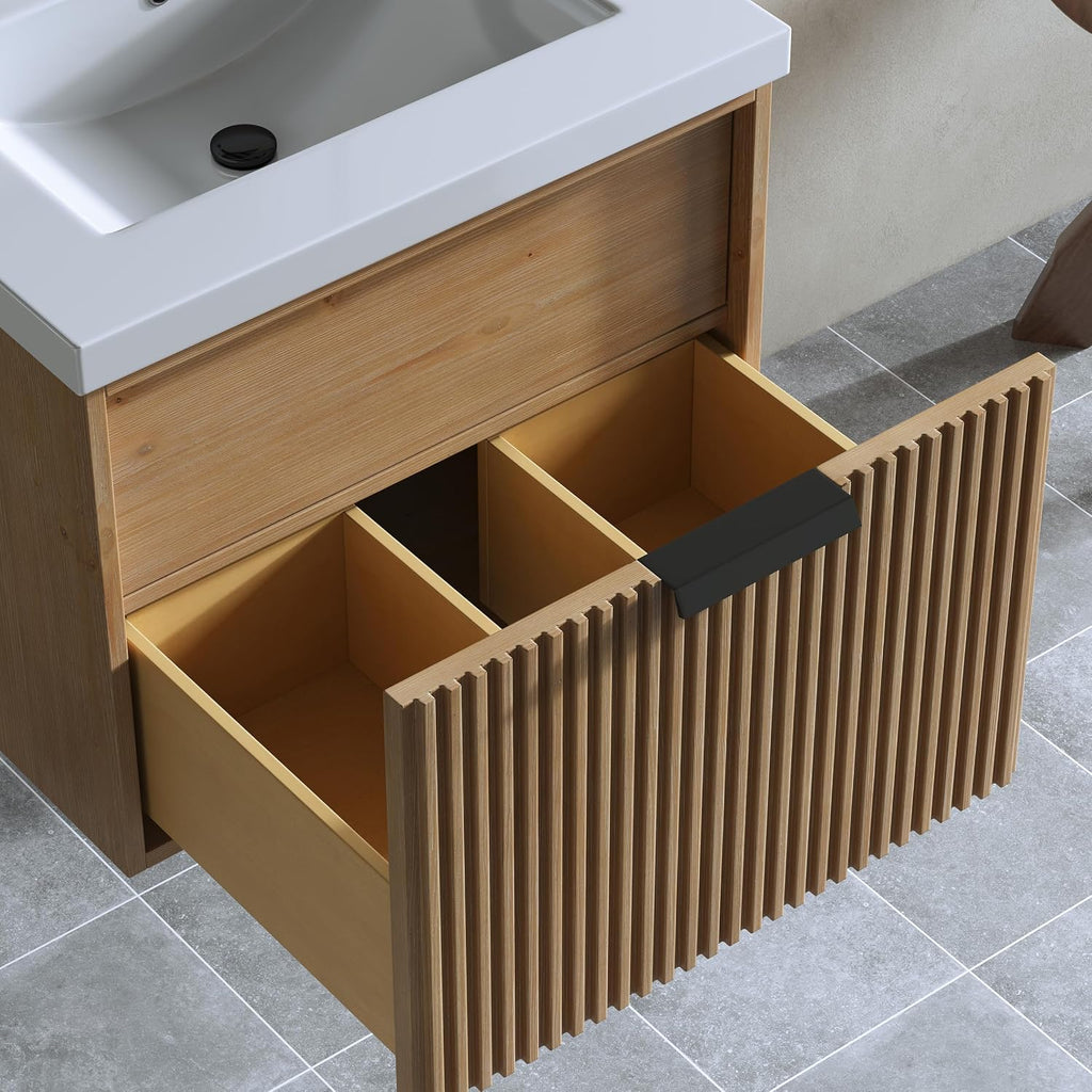 24' Single Bathroom Vanity with Ceramic Sink, Undermount Sink Cabinet, 2 Soft Clossing Drawers, Floating Storage Cabinet with White Sink, Natural Brown