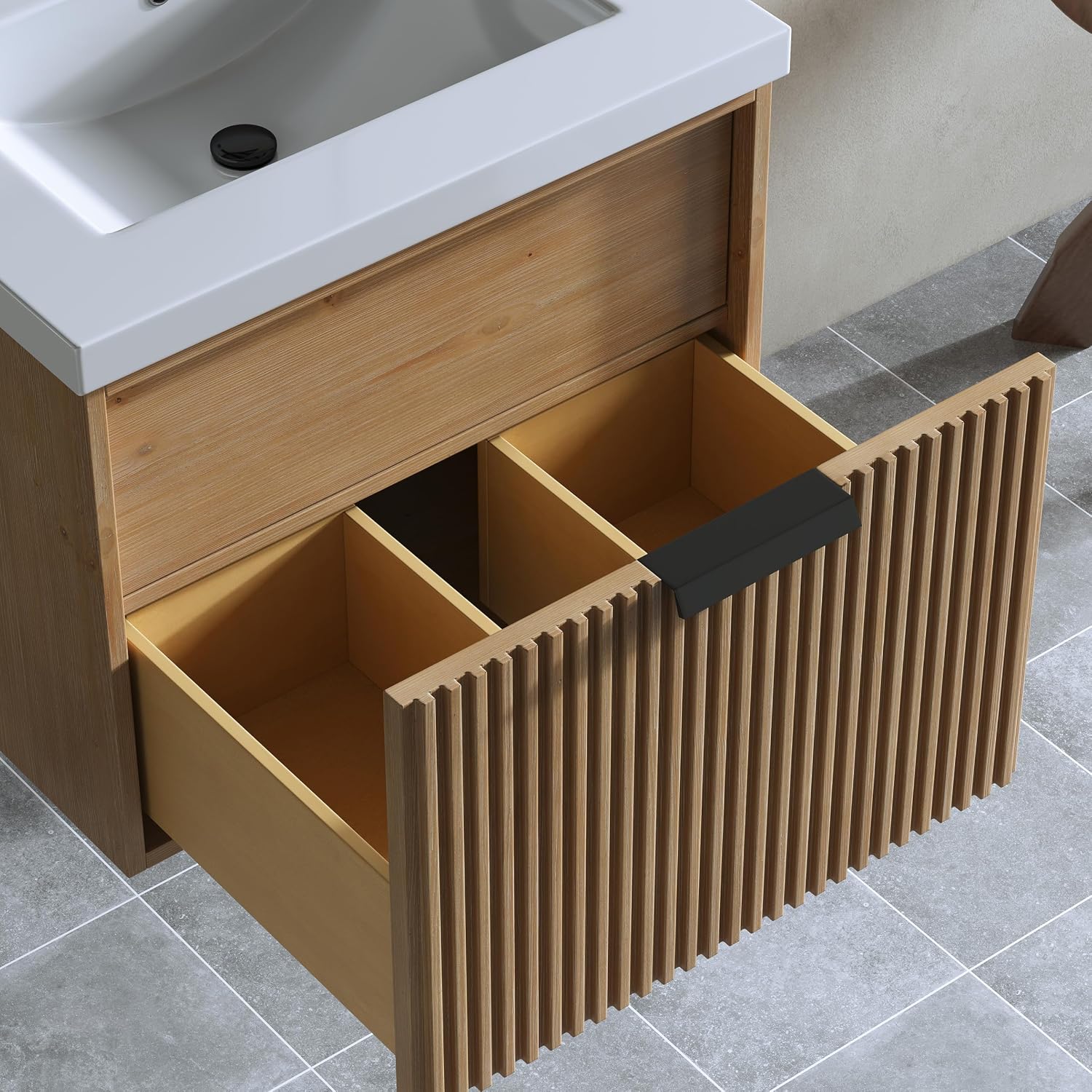 24' Single Bathroom Vanity with Ceramic Sink, Undermount Sink Cabinet, 2 Soft Clossing Drawers, Floating Storage Cabinet with White Sink, Natural Brown