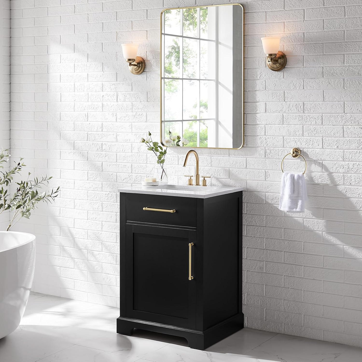 Clara Black 24-Inch Single Bathroom Vanity with Sink, Wood Single Shaker Door Cabinet with Adjustable Shelf, Nickel and Gold Handles, Pre-Drilled Marbled White Stone Top, Freestanding, Fully Assembled