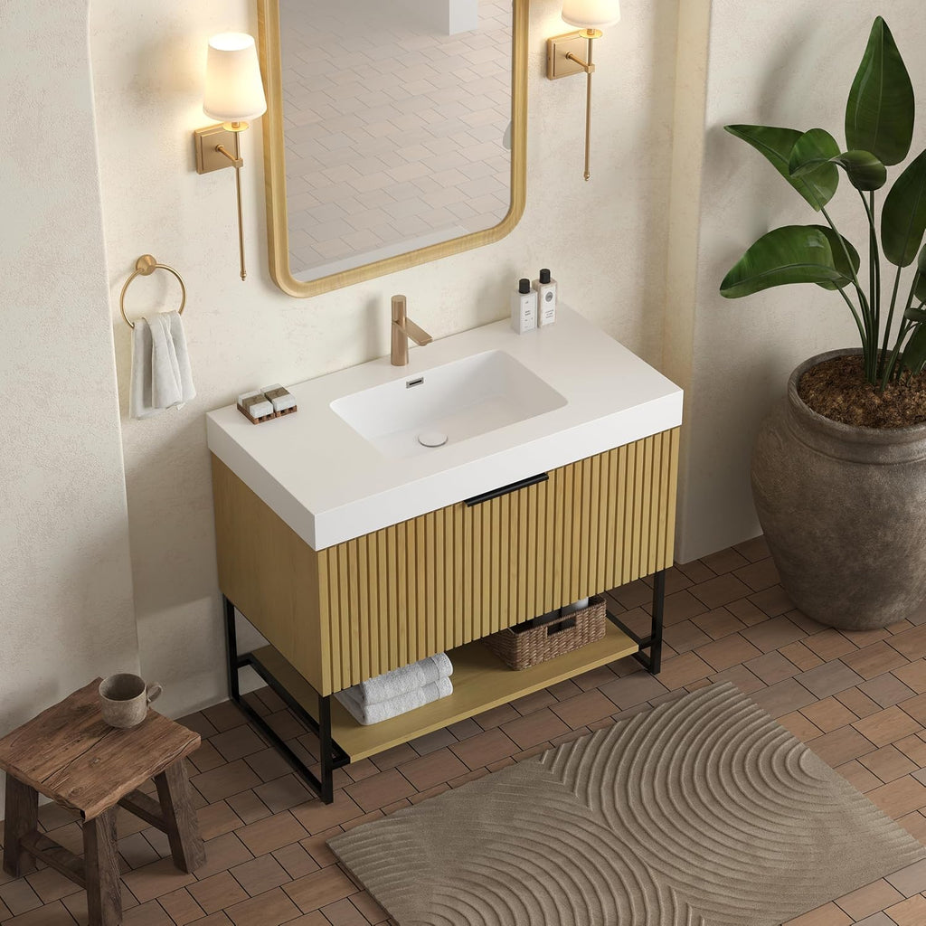 36'' Modern Bathroom Vanity with Sink, Freestanding Oak Plywood Cabinet with Rectangular Acrylic Integrated Basin, Bathroom Vanities Cabinet with Drawer and Open Shelf-Lund, Golden Oak