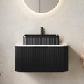 Yayzy 30' Floating Bathroom Vanity with Sink, Solid Wood Fluted Cabinet, Black Fluted Square Ceramic Basin & Faux Marble Top, Soft-Close Drawer, Pre-Assembled, Gloss Black