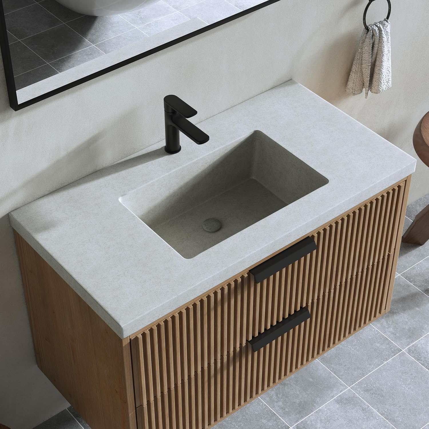 36' Single Bathroom Vanity with Cement Sink, Undermount Sink Cabinet, 2 Soft Clossing Drawers, Floating Storage Cabinet with White Sink, Natural Brown