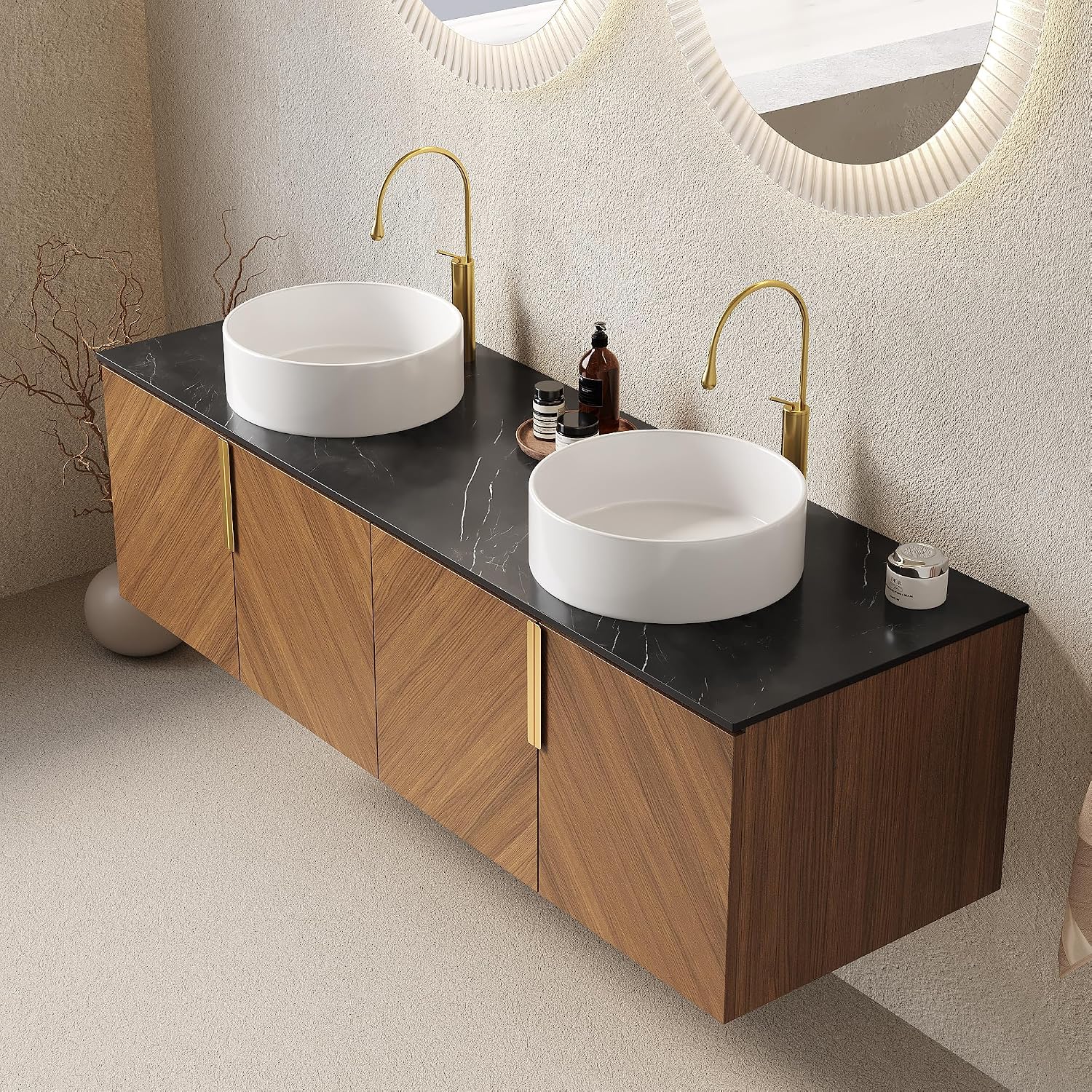 LKTART 60 Inch Bathroom Vanity Double Sink, Double Sink Bathroom Vanity with White Round Ceramic Basins, 4 Doors Modern Wall Mounted Bathroom Storage Cabinet, Black Sintered Stone Countertop, Brown