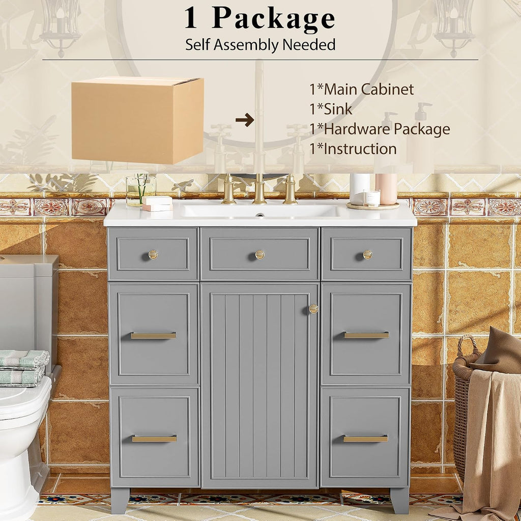 36' Bathroom Vanity Cabinet with Sink Top Combo Set, Grey, Single Sink, Shaker Cabinet with Soft Closing Door and Drawer, Grey