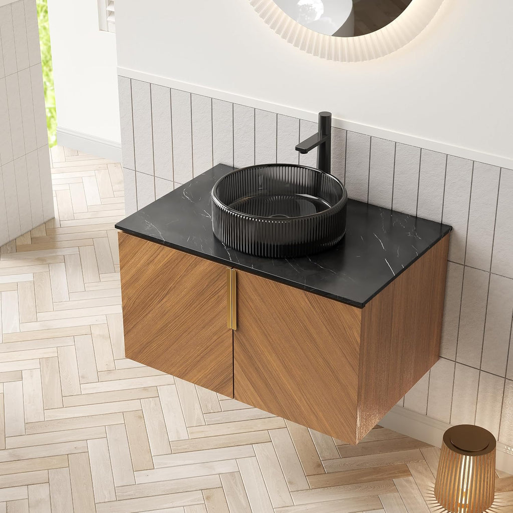 LKTART 30 Inch Bathroom Vanity with Sink, Modern Wall Mounted Bathroom Sink with 2 Doors, Black Sintered Stone Countertop and Black Round Glass Basin, Brown