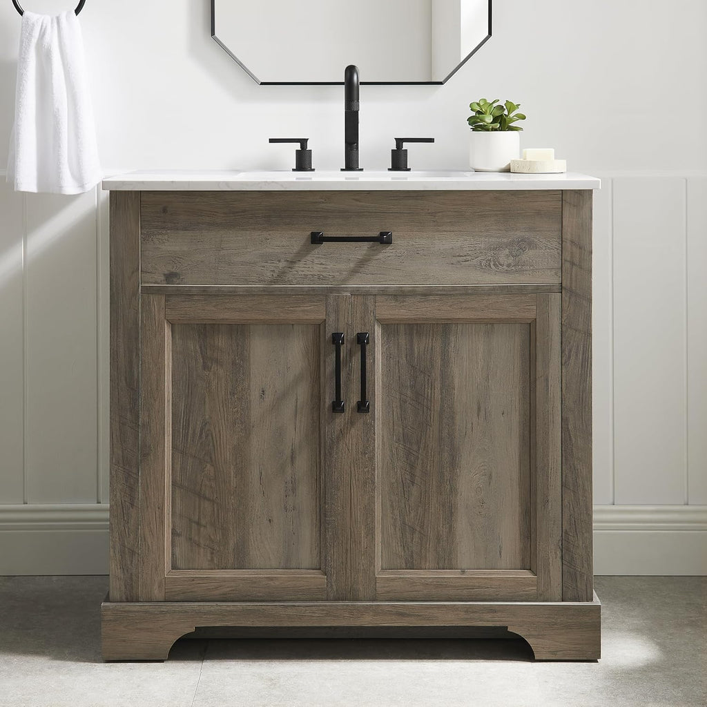 Mia Brown Grey Oak Wood 36-Inch Single Bathroom Vanity with Sink, Double Shaker Door Cabinet, Adjustable Shelf, Matte Black Handles, Pre-Drilled Marbled White Stone Top, Freestanding, Fully Assembled