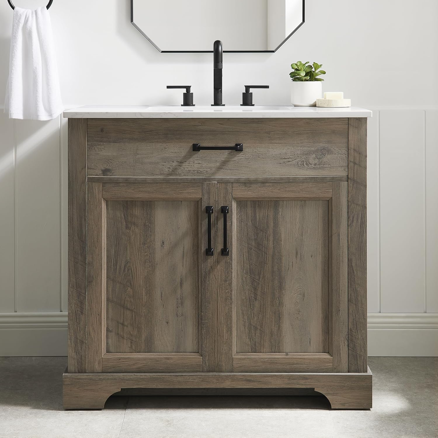 Mia Brown Grey Oak Wood 36-Inch Single Bathroom Vanity with Sink, Double Shaker Door Cabinet, Adjustable Shelf, Matte Black Handles, Pre-Drilled Marbled White Stone Top, Freestanding, Fully Assembled