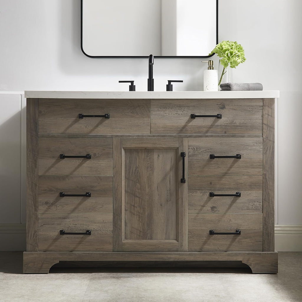 Mia Brown Grey Oak Wood 48-Inch Single Bathroom Vanity with Sink, Shaker Door Cabinet with Shelf, Drawers, Matte Black Handles, Pre-Drilled Marbled White Stone Top, Freestanding, Fully Assembled