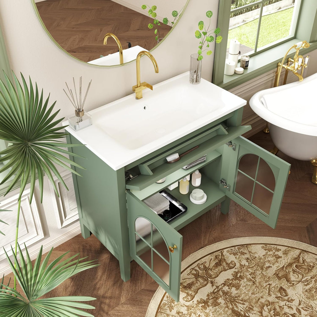 36 inch Bathroom Vanity with Sink Combo, Mid Century Modern Freestanding Bathroom Cabinet with Integrated Ceramic Sink, Flip Top Drawer, Flower Patterned Glass Doors, Adjustable Shelves, Green