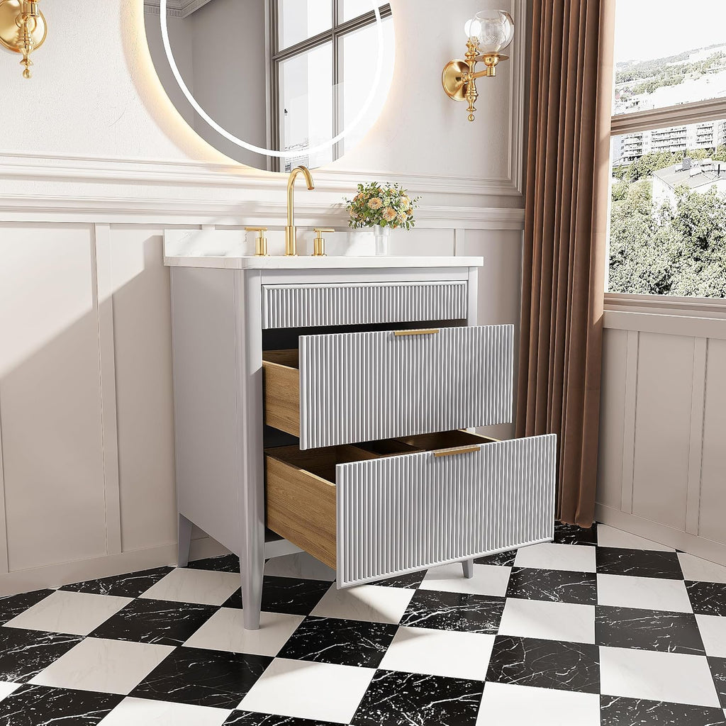 KEIKI 30' Freestanding Bathroom Vanity with Sink,Storage Cabinet with 2 Handle Sets and Engineered Marble Top