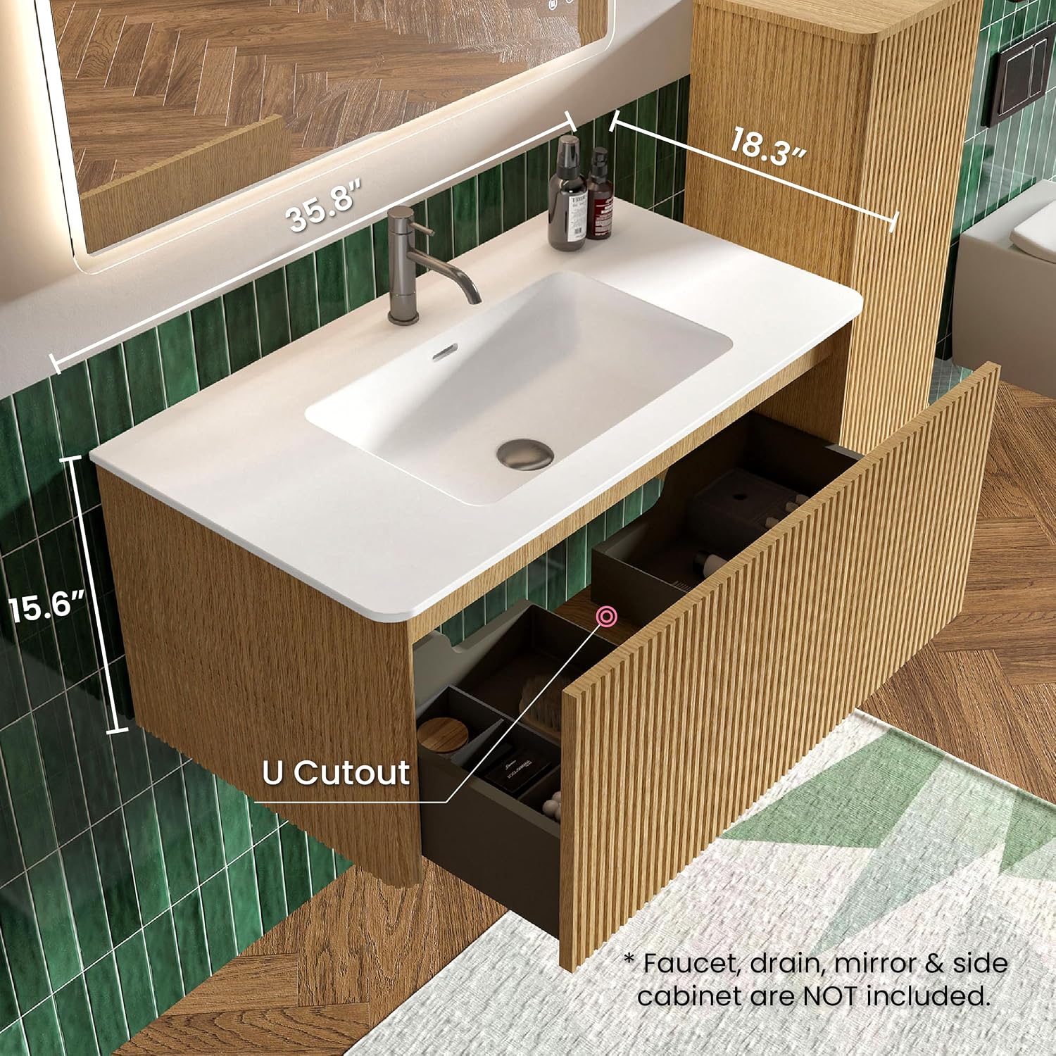 36' Bathroom Vanity with Sink, Modern Floating Vanity with Push Open Soft Close Drawer, Large Storage for Bathroom, Apartment, Hotel, Natural Oak, Fully Assembled - Camellia Collection