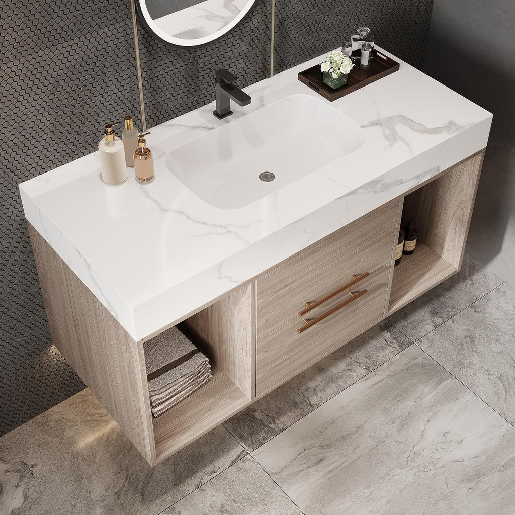 40 inch Bathroom Vanity with Ceramic Sink and Sinter Stone Marble Counter Top Modern Wall Mounted Floating Bathroom Sink Cabinet with 2 Drawers&2 Open Shelves&Gold Metal Handle,Oak