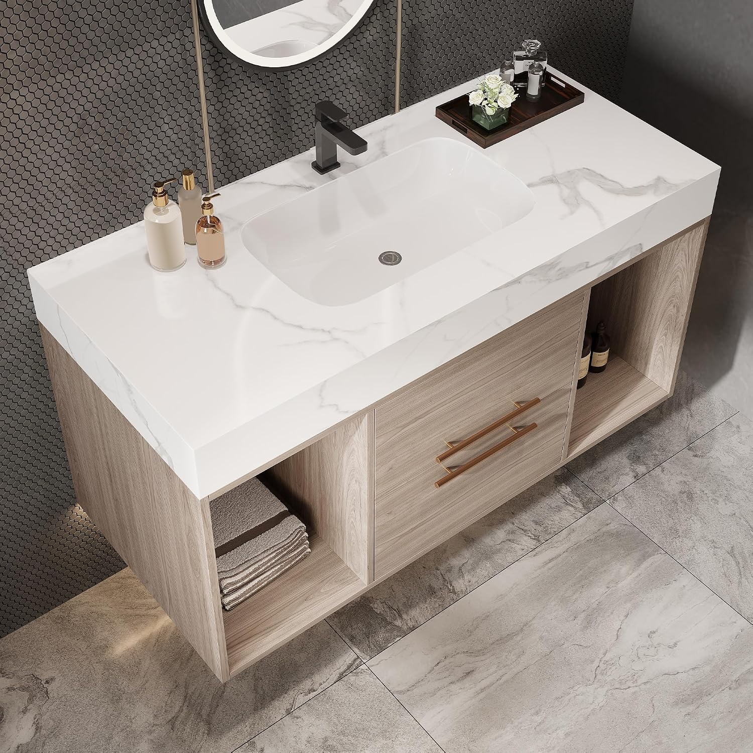 40 inch Bathroom Vanity with Ceramic Sink and Sinter Stone Marble Counter Top Modern Wall Mounted Floating Bathroom Sink Cabinet with 2 Drawers&2 Open Shelves&Gold Metal Handle,Oak