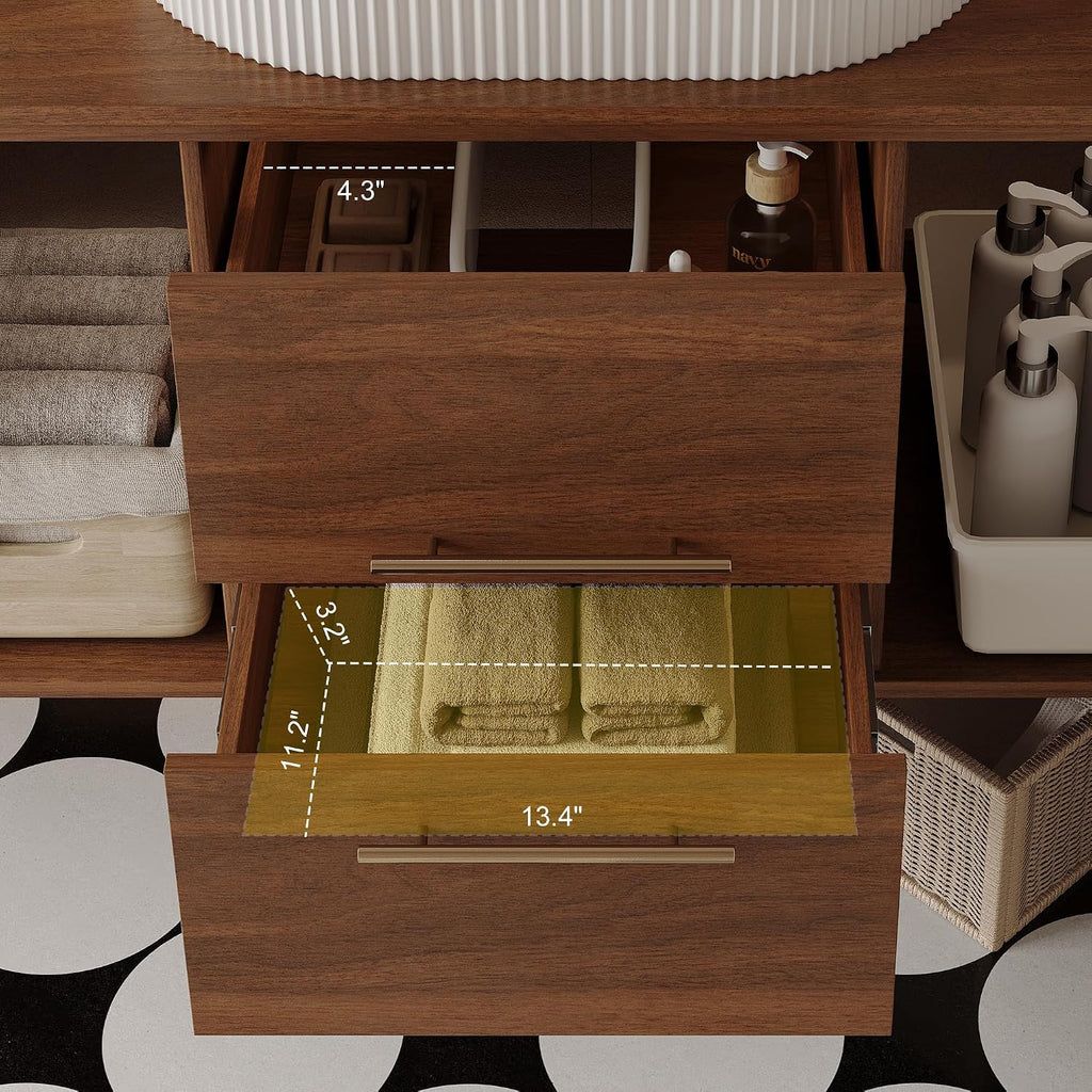 40 Inch Modern Bathroom Vanity Floating Bathroom Vanities with Above Oval Sink 40' Wall Mounted Bathroom Sink Cabinet with 2 Drawers & 2 Open Shelves & Gold Metal Handle, Walnut