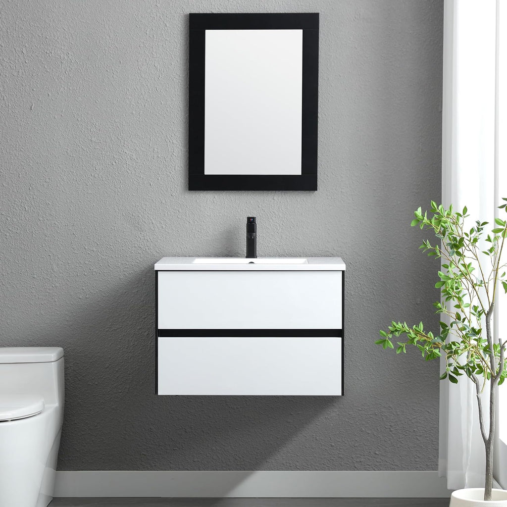 eclife 30' Bathroom Vanity Cabinet with Undermount White Sink Combo, Wall Mounted Floating Bathroom Cabinet with Colors Mixed Style, 2 Big Drawers & Matte Black Faucet