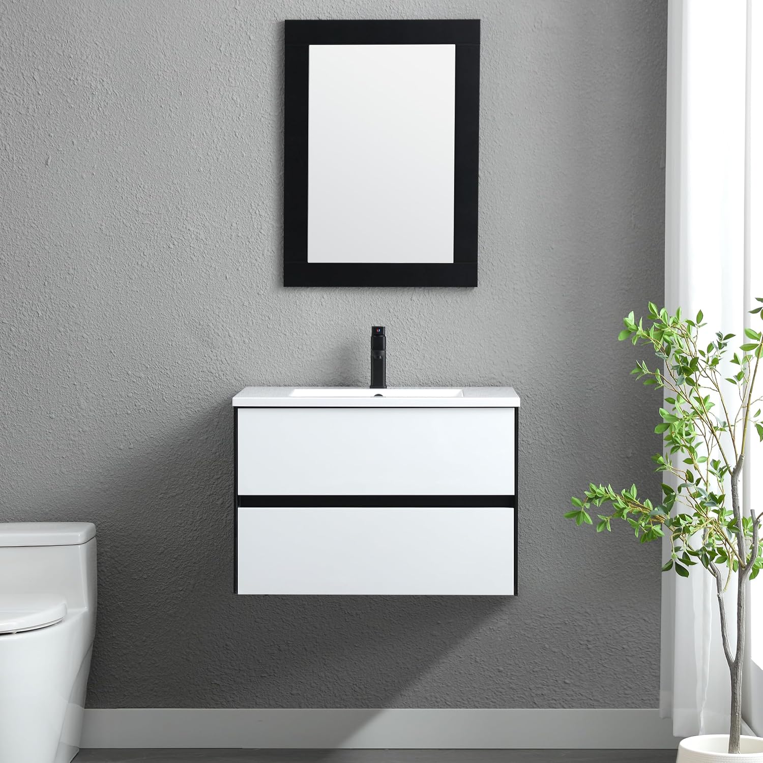 eclife 30' Bathroom Vanity Cabinet with Undermount White Sink Combo, Wall Mounted Floating Bathroom Cabinet with Colors Mixed Style, 2 Big Drawers & Matte Black Faucet
