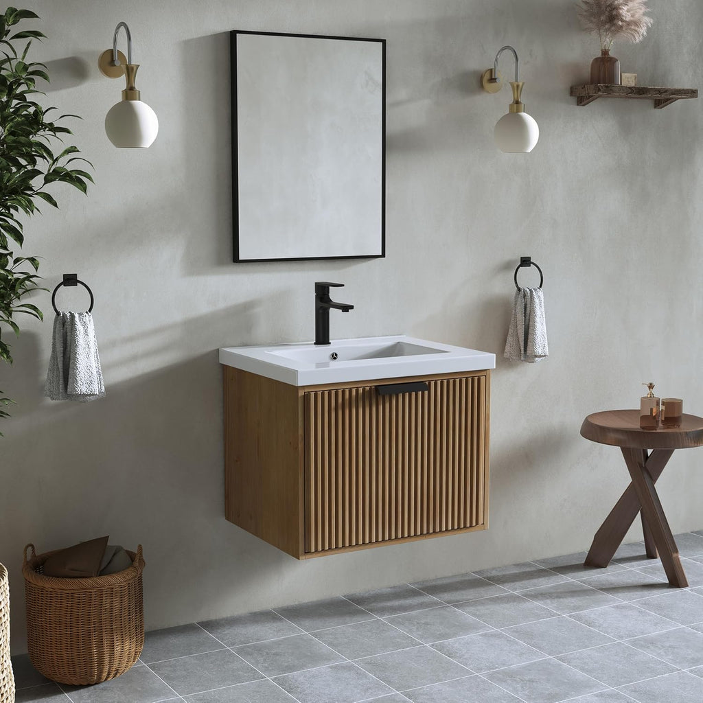 24' Single Bathroom Vanity with Ceramic Sink, Undermount Sink Cabinet, 2 Soft Clossing Drawers, Floating Storage Cabinet with White Sink, Natural Brown