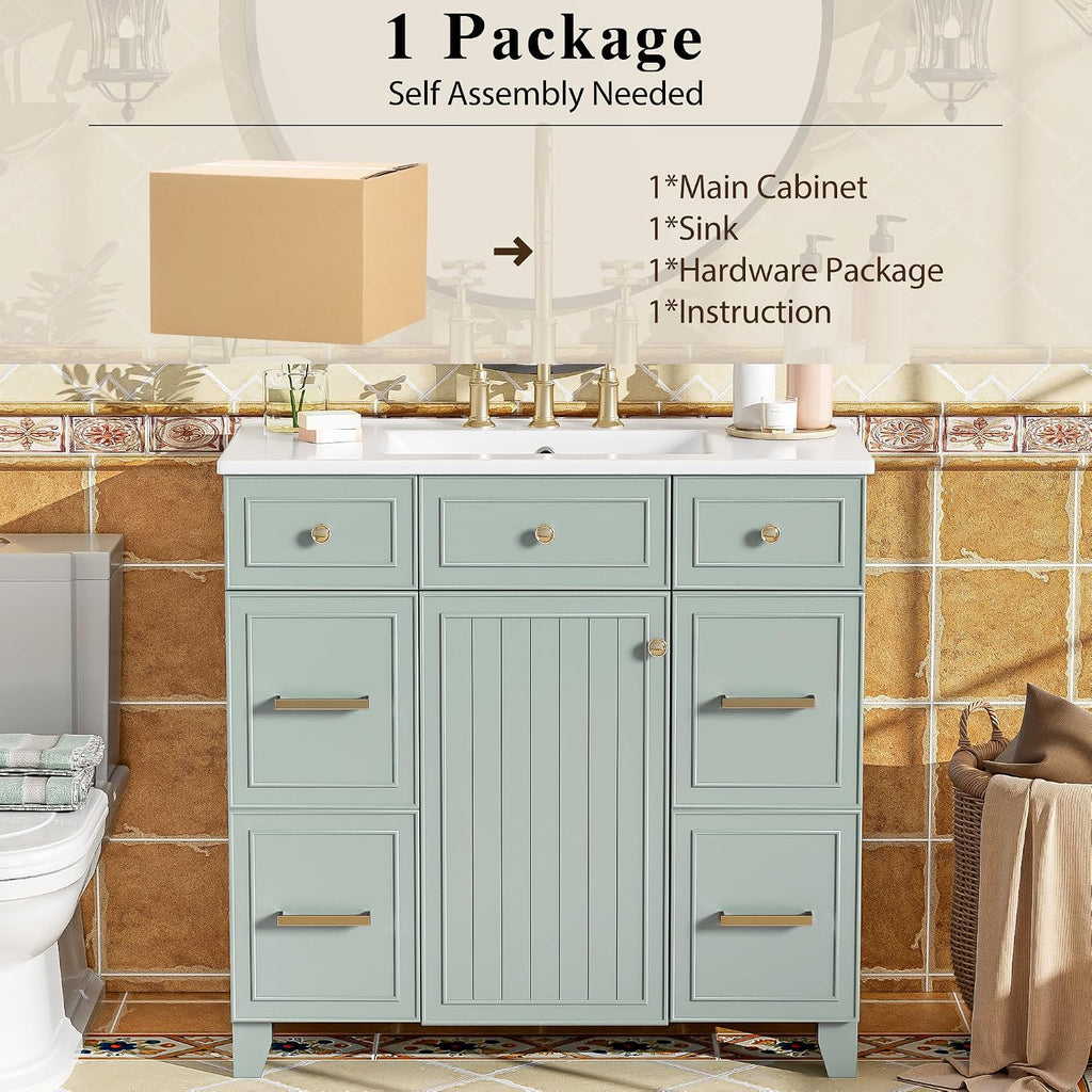 36' Bathroom Vanity with Ceramic Sink Countertop 1 Soft Close Doors 4 Drawers Adjustable Shelves Undermount Vanity with Storage (Green)
