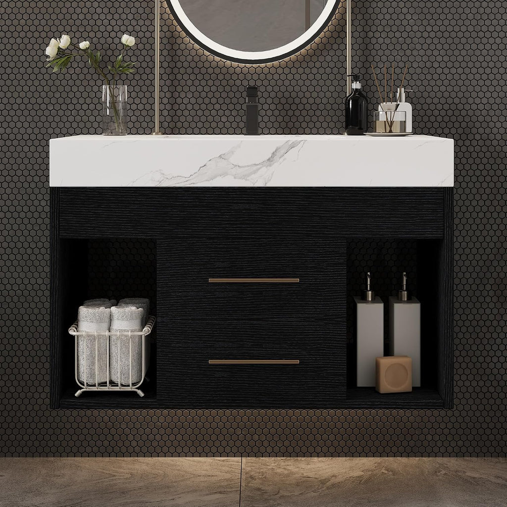 30' Bathroom Vanity with Sink Set, Modern Black Wall Mounted Bathroom Vanity Cabinet with Sintered Stone Top&Gold Handle 2 Drawers&2 Open Storage, Single Sink Floating Bathroom Vanity