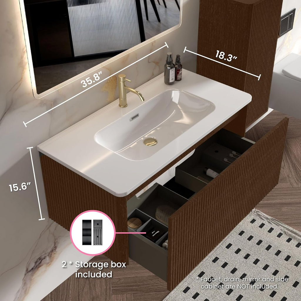 36 Inch Bathroom Vanity with Sink, Modern Floating Vanity with Push Open Soft Close Drawer, Large Storage for Powder Room, Brushed Black Oak, Fully Assembled - Camellia Collection