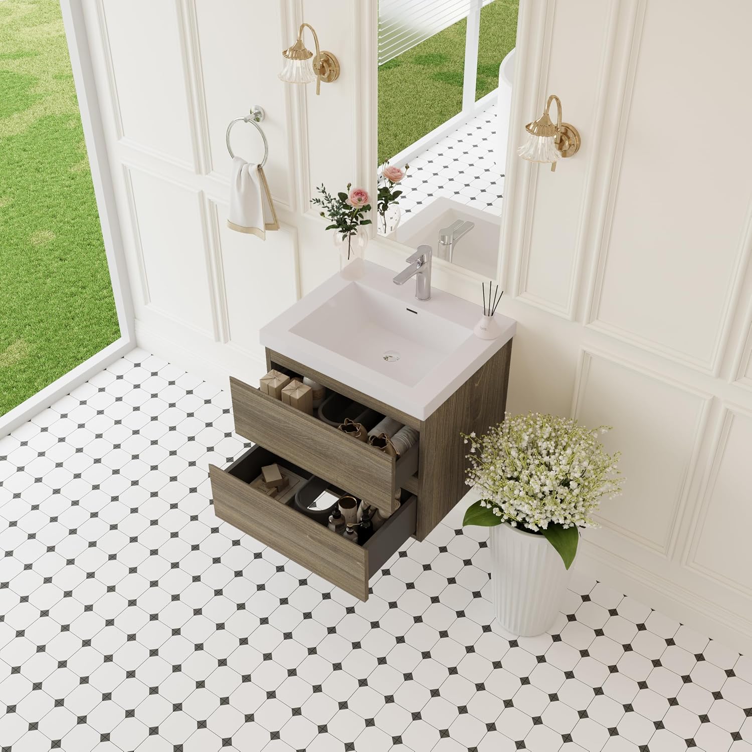 24' Floating Bathroom Vanity with Sink, Modern Wall-Mounted Bathroom Storage Vanity Cabinet with Resin Top Basin and Soft Close Drawers, Ash Grey