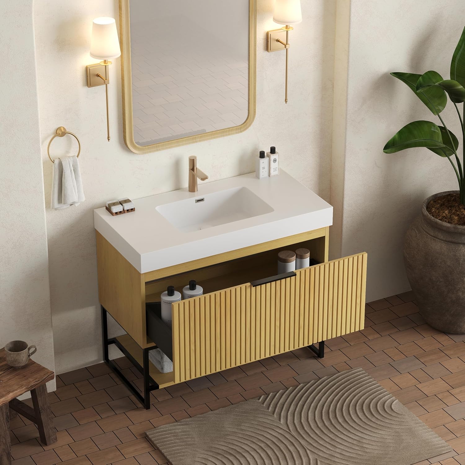 36'' Modern Bathroom Vanity with Sink, Freestanding Oak Plywood Cabinet with Rectangular Acrylic Integrated Basin, Bathroom Vanities Cabinet with Drawer and Open Shelf-Lund, Golden Oak
