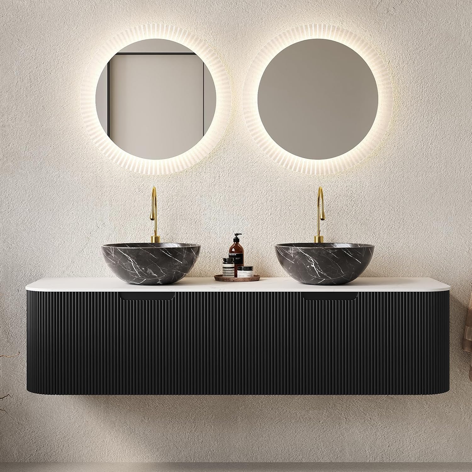 Yayzy 60' Floating Bathroom Vanity with Sink, Solid Wood Fluted Cabinet, White Marble-Patterned Ceramic Basin & Faux Marble Top, Soft-Close Drawer, Pre-Assembled, Gloss Black