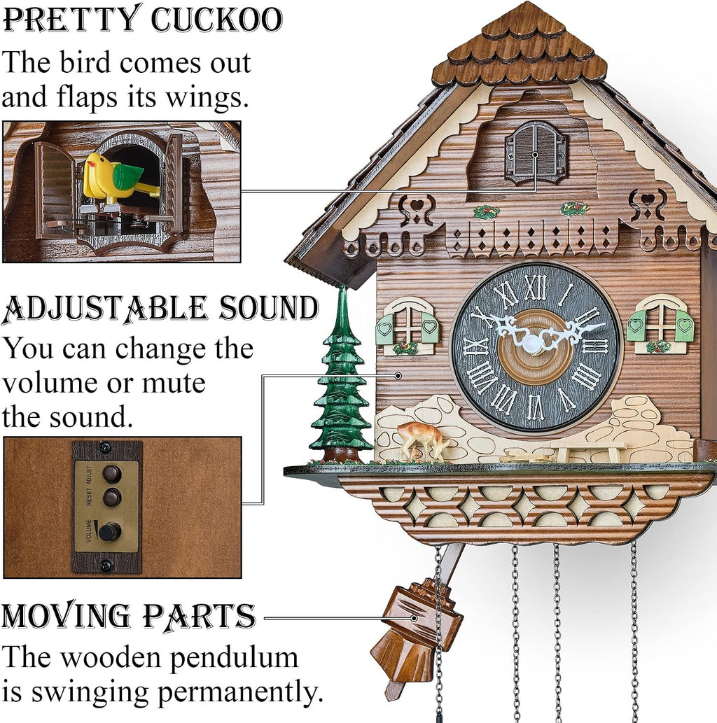TIMEGEAR Cuckoo Wall Clock with Night Mode, Quartz Movement and Swinging Pendulum (The Farm)