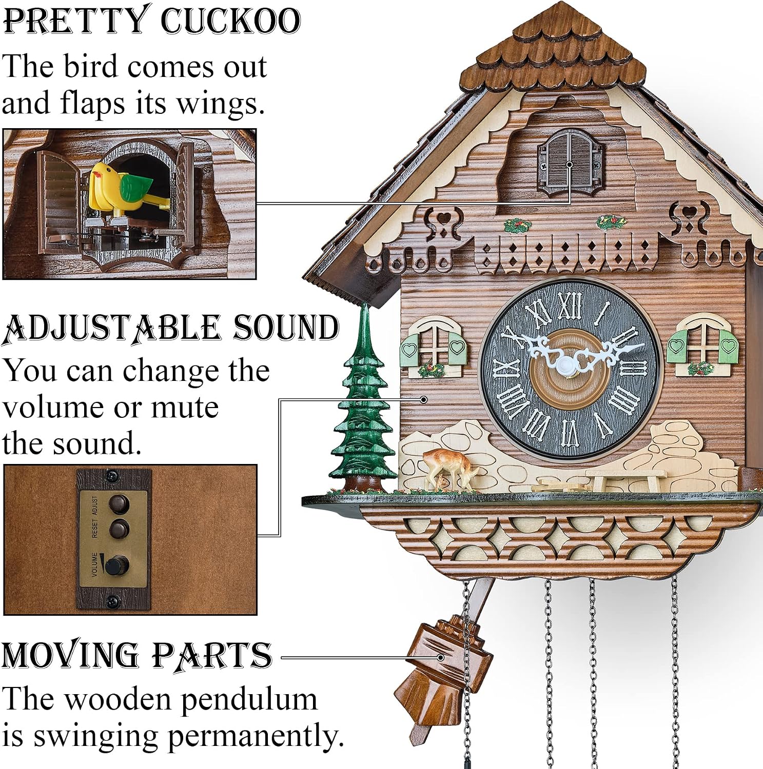 TIMEGEAR Cuckoo Wall Clock with Night Mode, Quartz Movement and Swinging Pendulum (The Farm)