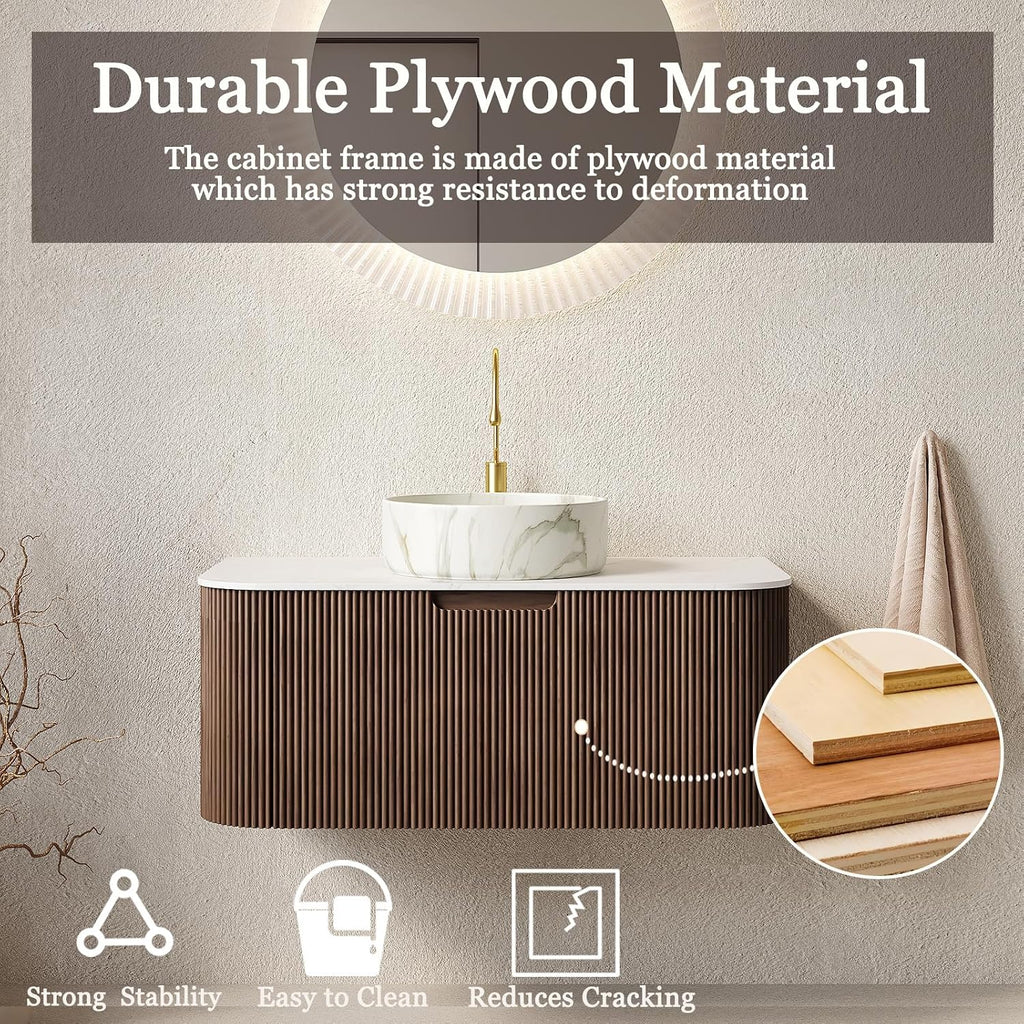 Eleshine 36 Inch Wall Mounted Floating Bathroom Vanity, Dark Walnut Cabinet with Carrara White Top & Stone Pattern Round Ceramic Sink, Soft Close Drawers, Pre-Assembled