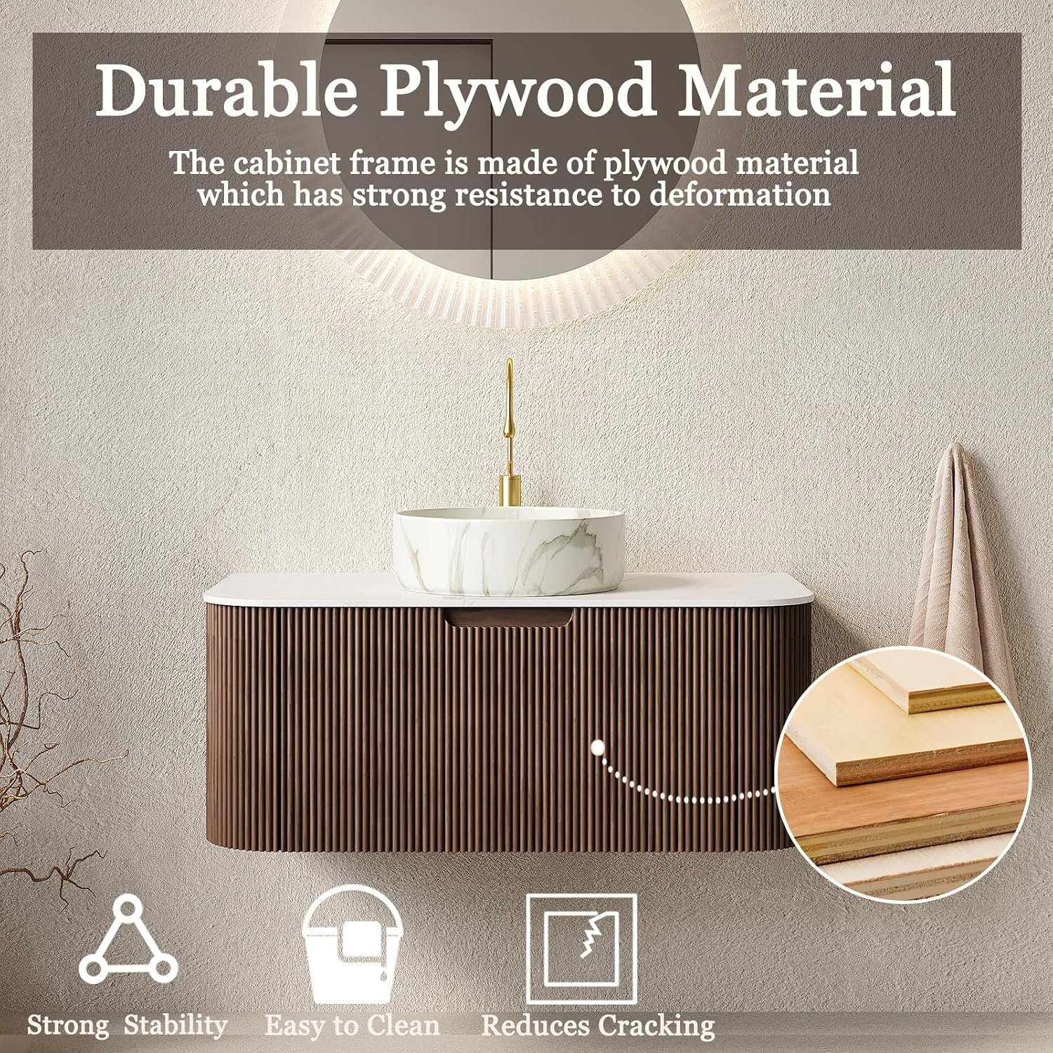 Eleshine 36 Inch Wall Mounted Floating Bathroom Vanity, Dark Walnut Cabinet with Carrara White Top & Stone Pattern Round Ceramic Sink, Soft Close Drawers, Pre-Assembled