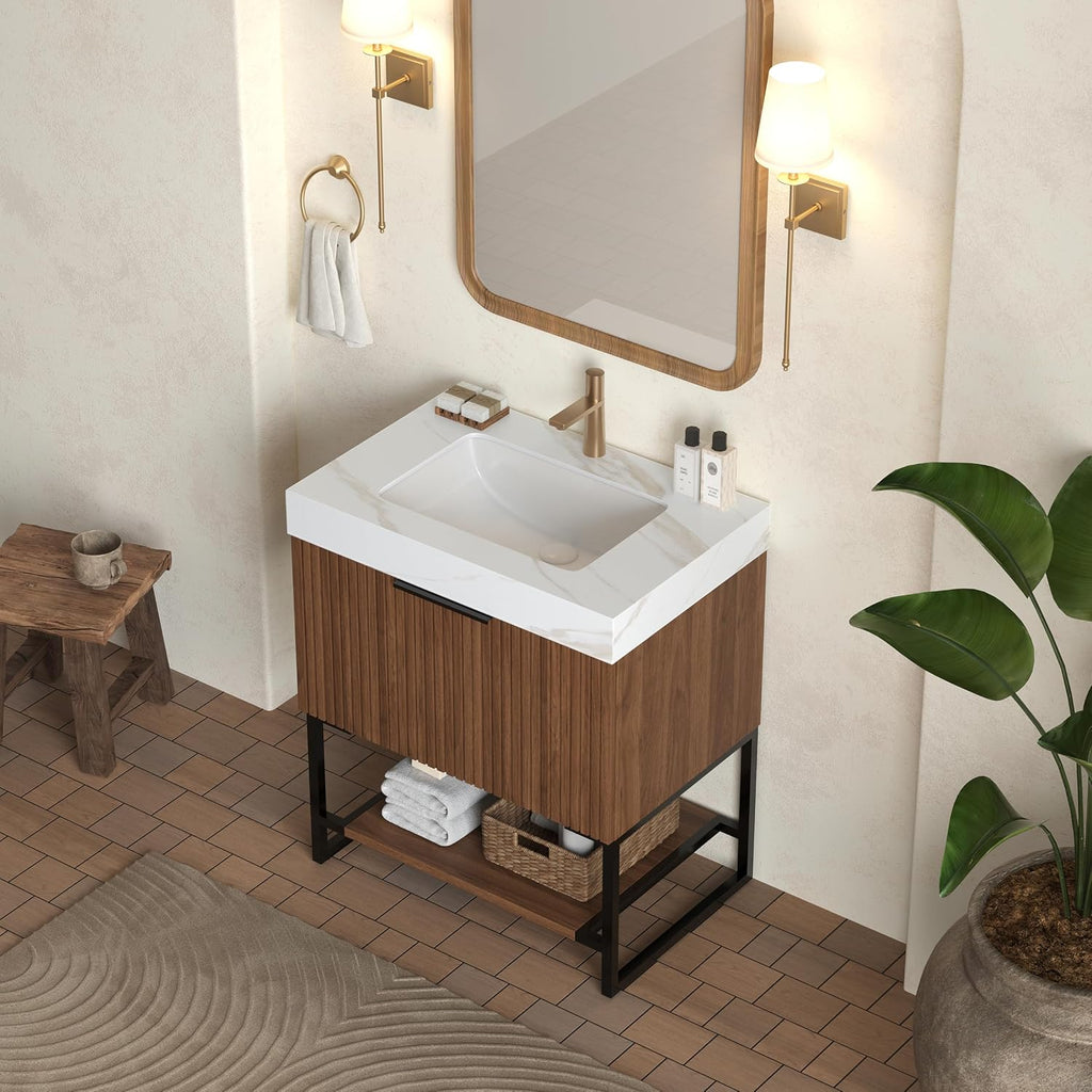 30'' Modern Bathroom Vanity with Sink, Freestanding Oak Plywood Cabinet with Rectangular Acrylic Integrated Basin, Bathroom Vanities Cabinet with Drawer and Open Shelf-Lund, Retro Walnut