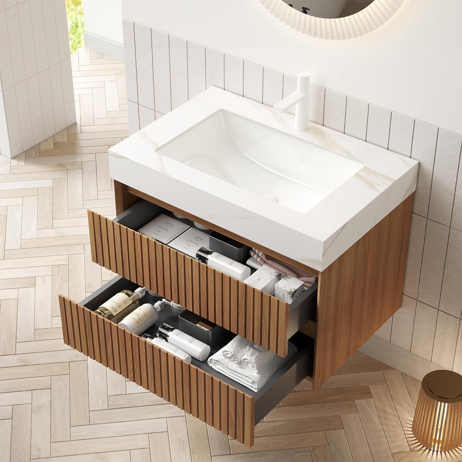 30' Bathroom Vanity with Sink, Modern Bathroom Floating Vanity with Travertine-Pattern Sintered Stone Top & Ceramic Undermount Basin, Pre-Assembled W/2 Drawers, Espresso/W