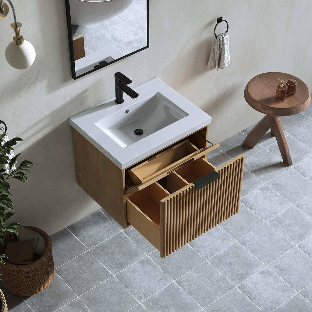 24' Single Bathroom Vanity with Ceramic Sink, Undermount Sink Cabinet, 2 Soft Clossing Drawers, Floating Storage Cabinet with White Sink, Natural Brown