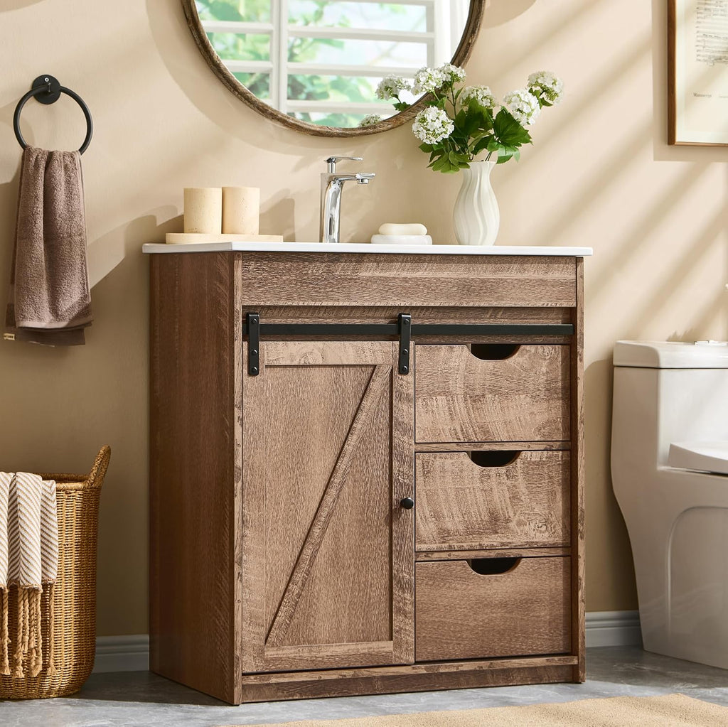 Aitjunz 30' Farmhouse Bathroom Vanity with Ceramic Sink Combo, Freestanding Modern Bathroom Storage Vanity Cabinet w/Sliding Barn Door, 3 Drawers & Adjustable Shelves, Light Brown