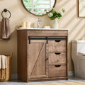 Aitjunz 30' Farmhouse Bathroom Vanity with Ceramic Sink Combo, Freestanding Modern Bathroom Storage Vanity Cabinet w/Sliding Barn Door, 3 Drawers & Adjustable Shelves, Light Brown