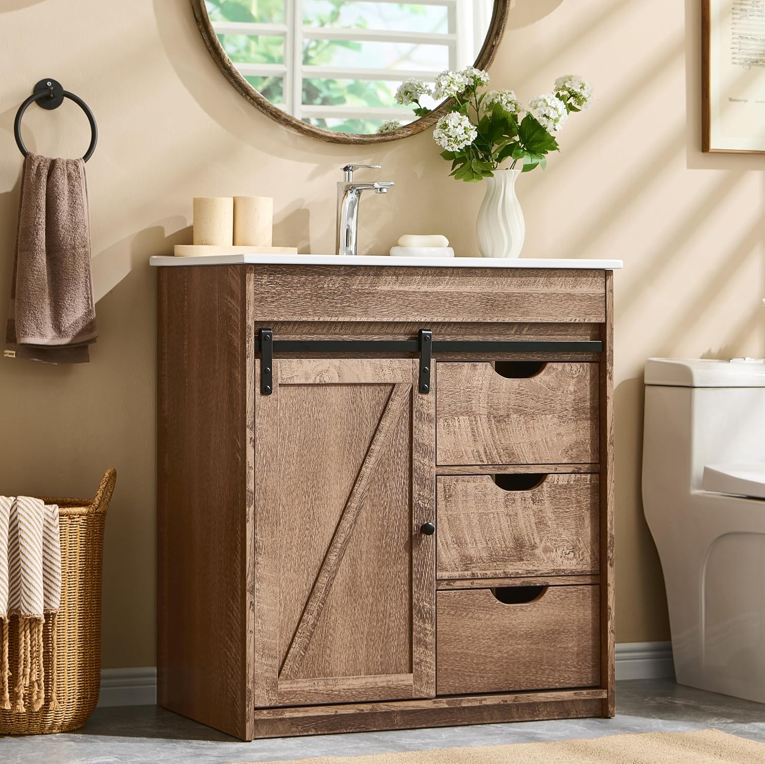 Aitjunz 30' Farmhouse Bathroom Vanity with Ceramic Sink Combo, Freestanding Modern Bathroom Storage Vanity Cabinet w/Sliding Barn Door, 3 Drawers & Adjustable Shelves, Light Brown
