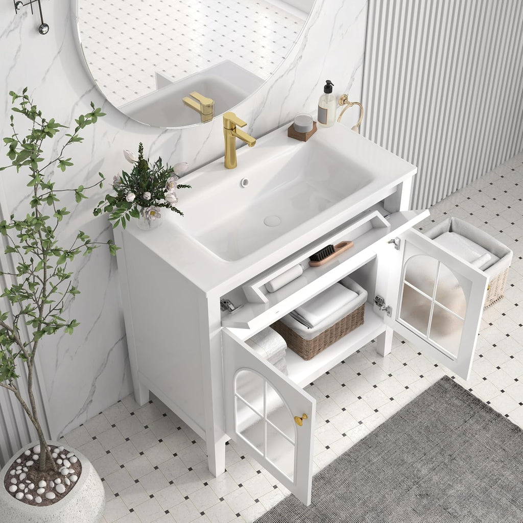 36 inch Bathroom Vanity with Sink Combo, Mid Century Modern Freestanding Bathroom Cabinet with Integrated Ceramic Sink, Flip Top Drawer, Flower Patterned Glass Doors, Adjustable Shelves, White