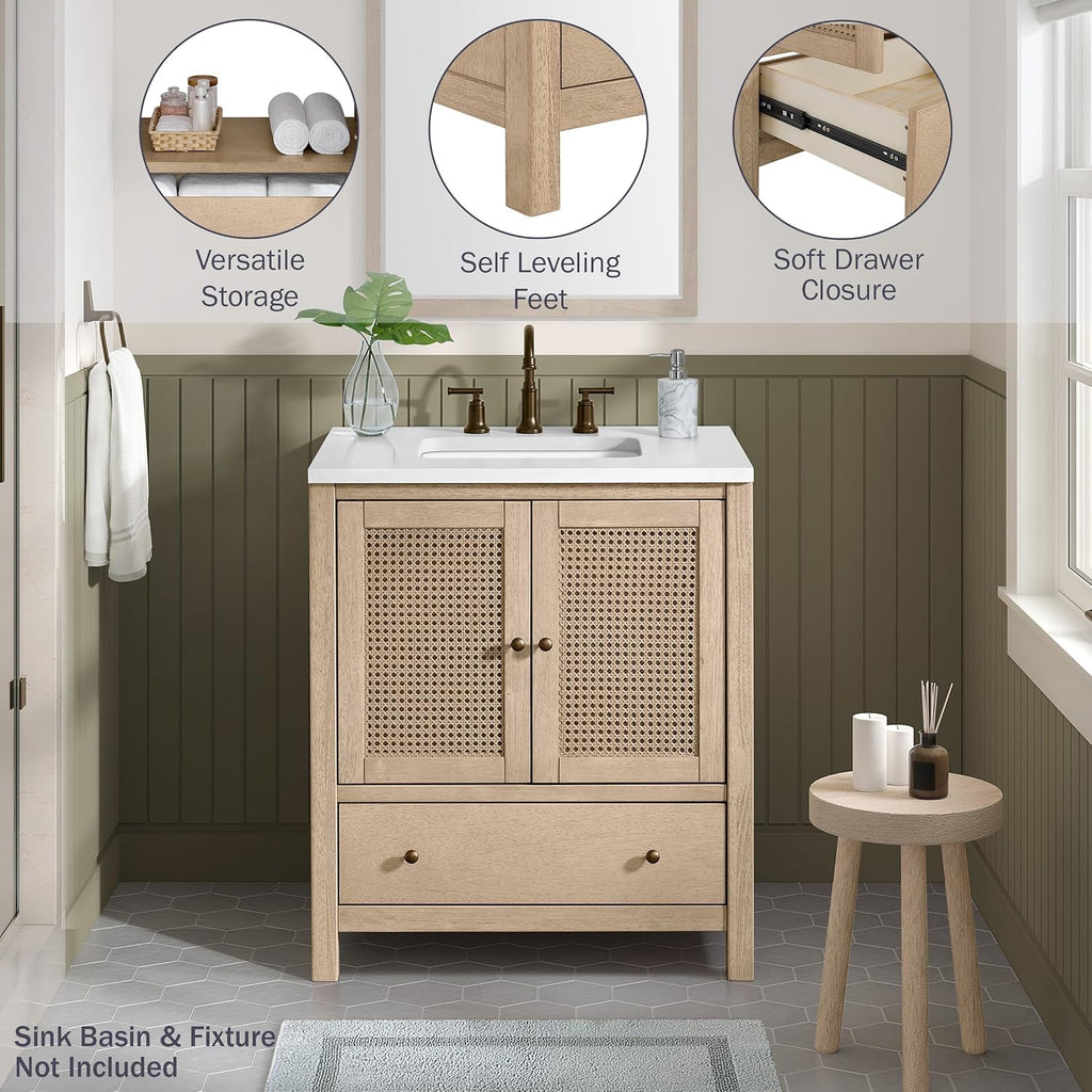Alaterre Furniture Lucca Bathroom Vanity - Freestanding Cabinet Without Sink - 30 Inch Small Wood Bathroom Vanity with Large Drawer and Soft-Close Doors - Under Sink Cabinet Only (Natural)