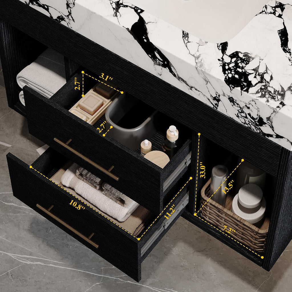 30' Bathroom Vanity with Sink Set, Modern Black Wall Mounted Bathroom Vanity Cabinet with Sintered Stone Top&Gold Handle 2 Drawers&2 Open Storage, Single Sink Floating Bathroom Vanity
