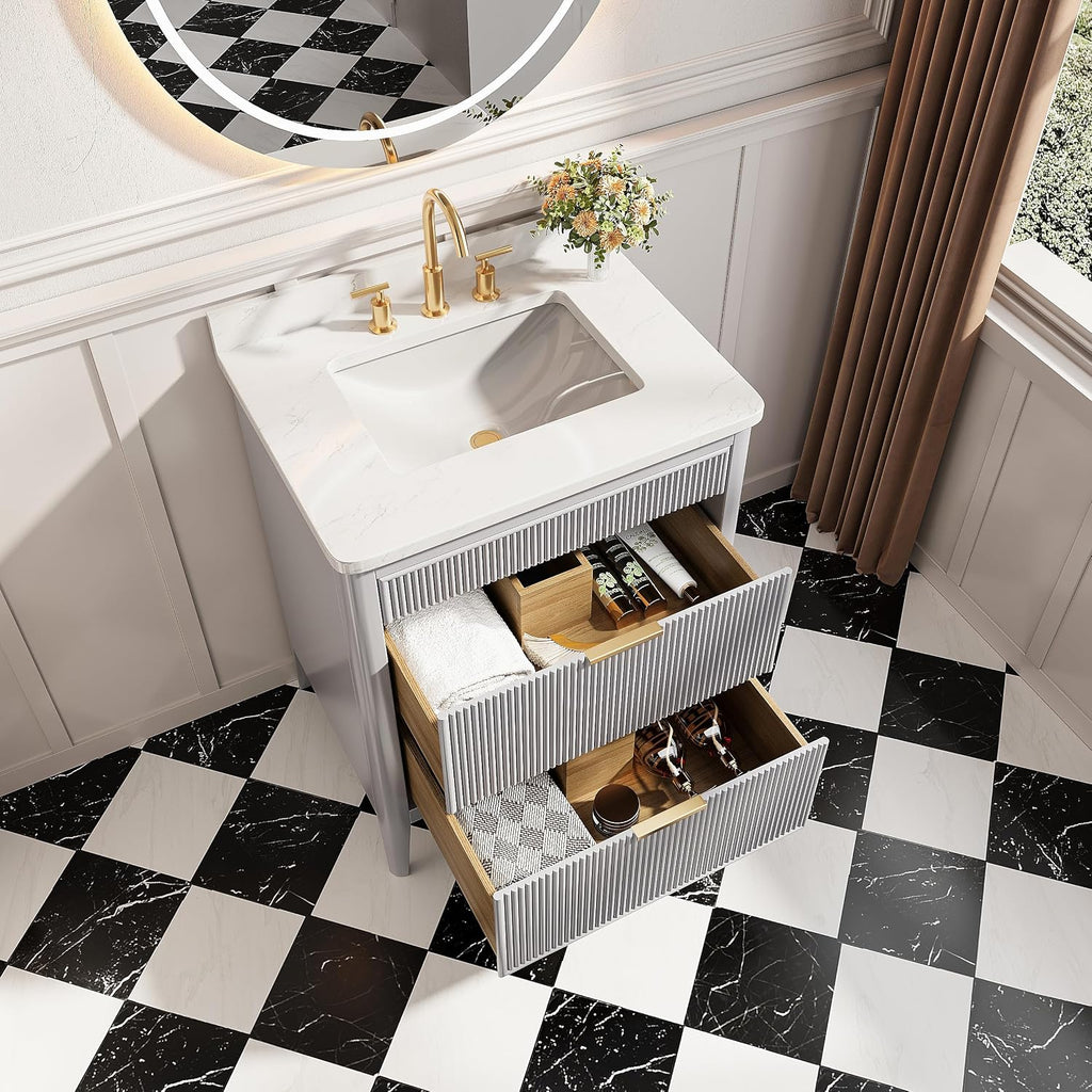 KEIKI 30' Freestanding Bathroom Vanity with Sink,Storage Cabinet with 2 Handle Sets and Engineered Marble Top