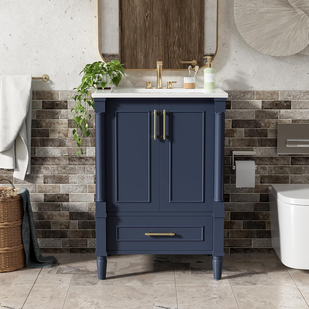 VilroCaz 24' Modern Bathroom Vanity with Ceramic Sink, Ornate Motif Design Doors & Soft-Close Hinges, Wood Bathroom Cabinet with Drawer, Ornately Carved French Cylinder Legs (Dark Blue-4.23)